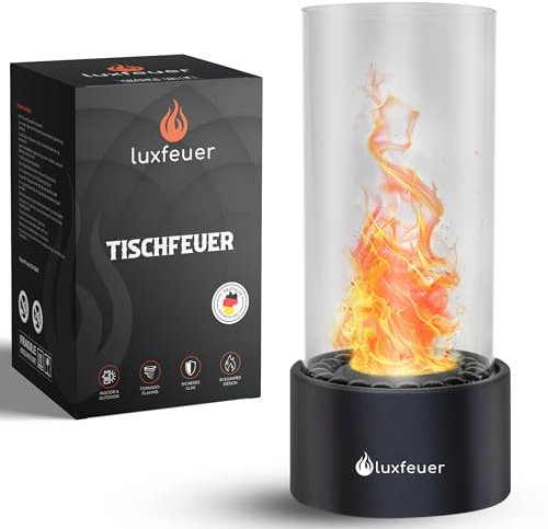 Luxfeuer Bioethanol Tischkamin Outdoor Rund – Tischfeuer Indoor & Outdoor, für Balkon & Terrasse - Deko Tischkamin groß mit Verstellbarer Flamme 6h Brenndauer - Ethanol Tischkamin für Garten.