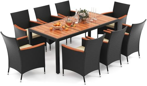 LIFEZEAL 9-teiliges Rattan Gartenmöbel Set, Sitzgruppe mit Gartentisch & 8 Stühlen, Gartenstühle mit Rückenlehne & Kissen, Garten Essgruppe Gartengarnitur für 8 Personen (Schwarz+Beige)