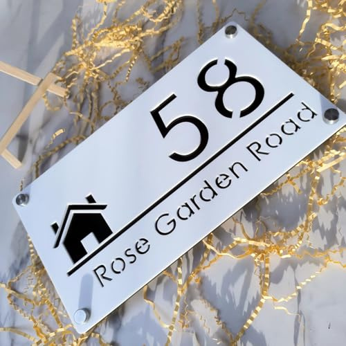 Letrero de número de casa personalizado, placa acrílica personalizada para exteriores, número de calle residencial, letrero de entrada para el hogar (blanco y negro)