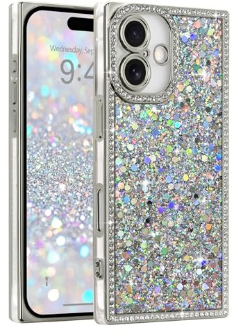 LAPOPNUT Glitter Phone Case for iPhone 16,TPU Bling Rhinestones,Silver | Sparkly Bling Sequin, Crystal Diamonds Camera Protection, Rasied Rectangle Protective Shockproof Cover,Cute for Women Girls