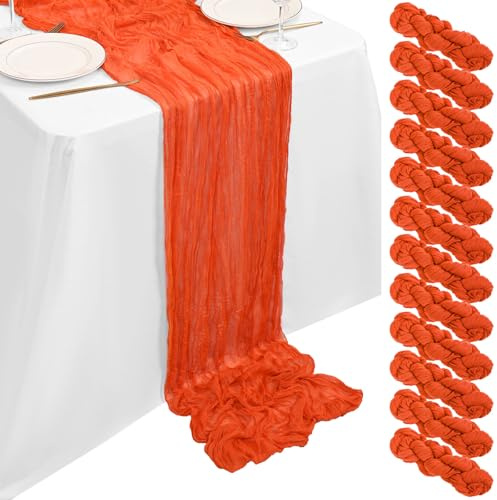 Showgeous 12 Stück Käsetuch Tischläufer Orange 90x300cm, Käsetuch Rustikaler Orange Rustikaler Gaze Stoff Transparent Boho Hochzeit Tischdekoration für Hochzeitsempfang Brautdusche Babyparty