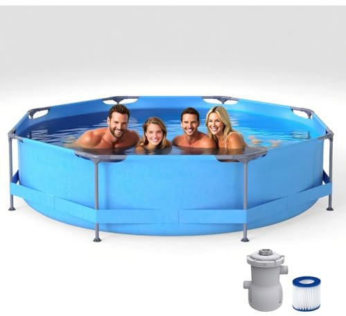 COSTWAY Piscine Hors Sol Ø3 M x 76 CM, Piscine Tubulaire avec Pompe Filtrante, pour 2-3 Adultes, Capacité 4383 L, Paroi à 3 Couches, Bande de Stabilité, Cadre Métallique, Montage Facile