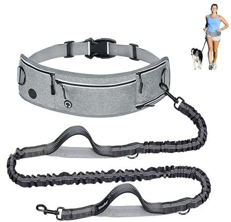 Hands Free Dog Lead for Running, Walking & Hiking – Adjustable Waist Belt with Pockets, Water Bottle Holder, Reflective Bungee Leash & Dual Handles for Medium & Large Dogs (Grey)