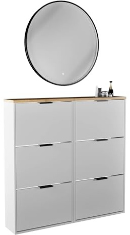 Planetmöbel 2 x Schuhschrank schmal | runder Spiegel mit Beleuchtung 80 cm, (3 Lichtstufen) Schuhkommode mit 3 Klappen Schuhregal mit 6 Ablagen, Garderobe Set, 60