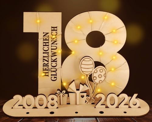 18 Geldgeschenke Geburtstag - Originelle Geschenk 18. Geburtstag Junge Mädchen 2008-2026, Holz-Schild Gästebuch mit LED Lichterkette - Geburtstag Deko, Personalisiertes Geschenke zum Geburtstag