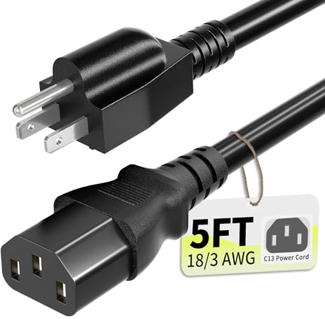 3 Prong AC Power Cord Cable 5ft 10 Amps 125 Volts 18AWG, NEMA 5-15P to C13, Black PC Power Cable for TV, Computer, Monitor, Printer, PlayStation, HP, Dell, Lenovo, Apple, Asus-ETL Listed