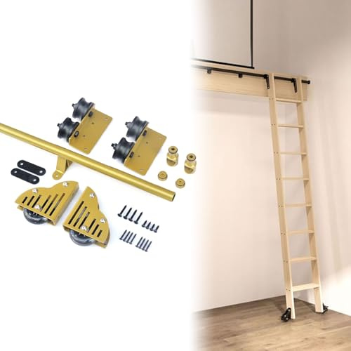 Rollleiter-Hardware-Kit – Bibliotheks-Schiebeleitern komplettes Set, Schienen-Kit (ohne Leitern), Bodenräder mit Bremsen, vielseitig einsetzbar für Dachbodentreppen/Bücherregale(122cm Gleisbausatz)
