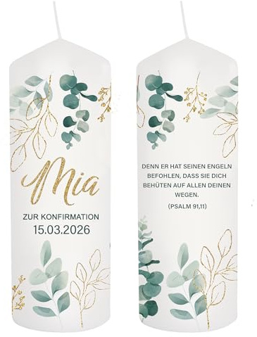 Kerze personalisierbar Firmung gold Blätter individuell Name und Datum ergänzbar als Tischdeko. Liebevolle Kerze Deko. Tischdekoration als Geschenk. Brenndauer: 35 Stunden, Ø6,8 x Höhe 16,5 cm
