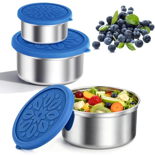 BAOWUABJ Stainless Steel Food Containers with Lids Versatile 3-Size Set | Stainless Steel Food Storage Containers with Lids, Metal Lunch Box for Travel, Freezer Storage Boxes for Meal Prep, Blue