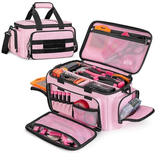 YUEHISY Tool Bag, 14-Inch Durable Tool Organizer Bag with Thickened Base, Heavy Duty Portable Travel Carry Toolbox (Pink)