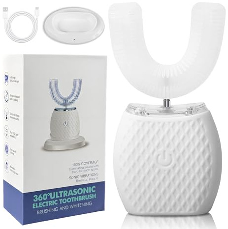 Brosse à Dents Ultrasonique Automatique, Brosse à Dents Électrique avec Nettoyage 360°, Design en U, 4 Modes, Brosse Blanchissante avec Minuteur, Pour Adultes, Nettoyage en Profondeur (Blanc)