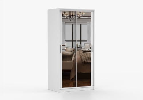 Fabryka Mebli Idźczak Schwebetürenschrank 100 cm breit Weiß mit Spiegel, Metallführungen Rollenlauf, Kleiderstange Einlegeböden, 16 mm Laminatplatte, Schlafzimmer Ankleide