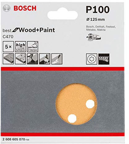 Bosch Professional 5 Stück Schleifblatt C470 Best for Wood+Paint (Holz und Farbe, Ø 125 mm, Korn 100), 2608605070