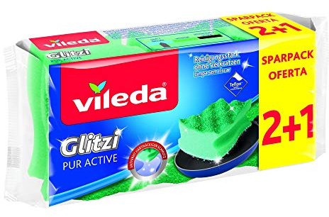 Vileda Glitzi PurActive Reinigungsschwamm, entfernt selbst hartnäckigsten Schmutz ohne zu Verkratzen, geeignet für empfindliche und hochwertige Oberflächen, Farbe grün, 2+1 Sparpack
