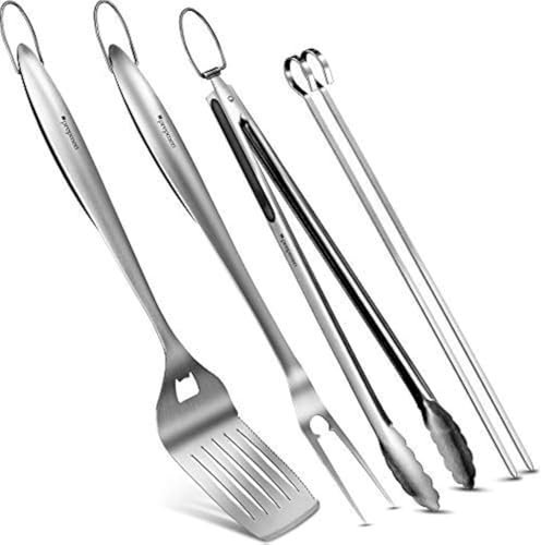 prepmen Ensemble d'outils de Barbecue en Acier Inoxydable avec spatule, Fourchette, Pince et Lot de 2 brochettes Kabob. Livré dans Un élégant Coffret Cadeau