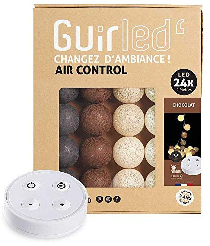 GuirLED - Guirlande lumineuse boules coton LED USB - Télécommande sans fil - Veilleuse bébé 2h - Adaptateur secteur double USB 2A inclus - 4 intensités - 24 boules 2.4m - Chocolat