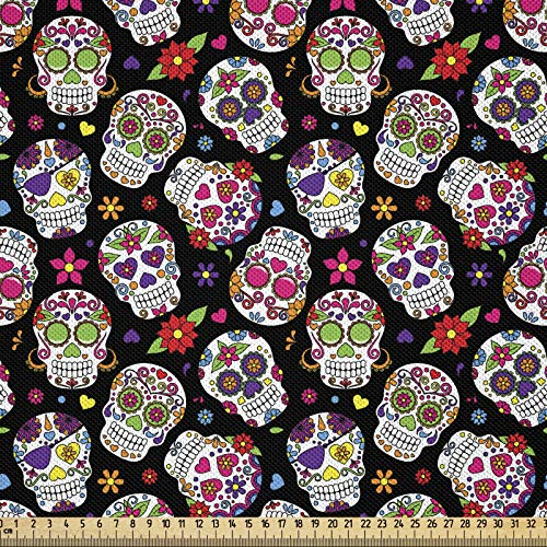 ABAKUHAUS Bunt Stoff als Meterware, Zuckerschädel Blumen, Seidiger Satin Stoff für Polster Heimtextilien, 1M (148x100cm),Rot Schwarz Weiß