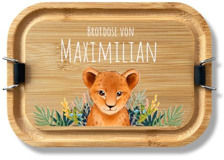 LOOXIS Personalisierte Edelstahl Lunchbox mit Holzdeckel für Kinder mit Namen & Motiv Bedruckt – 800ml, inkl. Abtrennung, Auslaufsicher, Bento-Box – Geschenkidee Jungen, Mädchen, Einschulung – Löwe