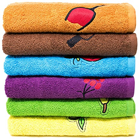 QILZO® Paños de Cocina Toallas de Algodón 12 Toallas de Cocina 50x50cm, Multicolor con Dibujo Bordado, Juego de Trapos de Cocina absorbentes y Suaves, Fabricado en España (Macedonia)