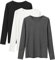 LiKing Camiseta de Manga Larga Mujer Básico Camisa Blusas Tops con Cuello Redondo en Algodón, Pack de 3 Negro Crema Gris Oscuro 6151 Small