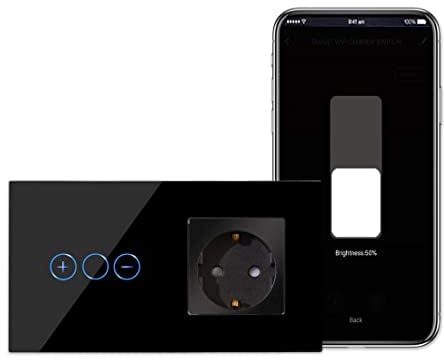 CNBINGO WLAN Dimmschalter mit Schuko Steckdose unterputz - Smart Touch Lichtschalter Arbeit mit Alexa, Google Assistant - Glas Wandschalter Schwarz - Neutralleiter Wird Benötigt