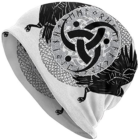 WSXJJ Wikinger Vegvisir Tattoo Skullies Beanies Mützen 3D Winter Warme Strickmütze Herren Damen Street Hat Nordische Geschenke,Horn of Odin