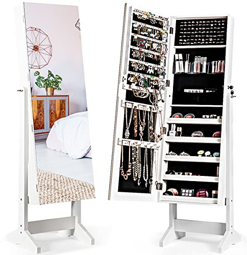 COSTWAY Armoire à Bijoux avec Miroir Inclinable à 4 Niveaux, Armoire à Bijoux sur Pied avec Serrure, Doublure et Divers Espaces de Rangement, 41 x 36,5 x 146 cm, pour Bijoux et Cosmétiques (Blanc)