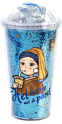 Kawaii - Botella de agua con pajita de plástico, diseño de Flash Girls reutilizable, vaso de café frío con pajita y tapa, doble capa para bebidas calientes y frías, capacidad de 480 ml (azul)