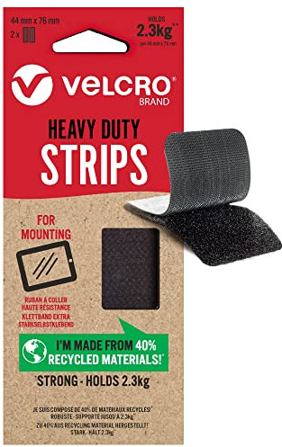 VELCRO Brand | Eco Heavy Duty Strips | Extra Strong Self Adhesive Sticky Strips Perfect for Room Décor & Home, Office, Garage Use | Black | 44mm x 76mm | Set of 2