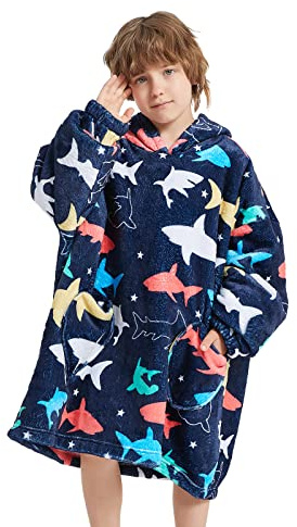 Mewkou Tragbare Decke mit Kapuze für Kinder, übergroße Sherpa-Decke, Hoodie für Kinder, Jungen, Mädchen, Teenager, 6–13 Jahre, marineblauer Hai