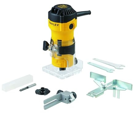 Perfiladora 550W 6mm, velocidad 35.000 rpm, máx diámetro fresa 26mm. Incluye fresa recta, 2 llaves fijas, guía paralela, guía de recorte y plantilla