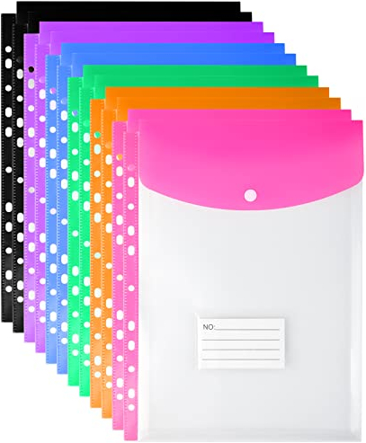 Plastic Wallets A4 Punched Pockets - 12pcs A4 Plastic File Folders for Document Paperwork Assorted Colours Envelope with Label Pocket Snap Button Ring Binder Home School Office Stationery Supplies