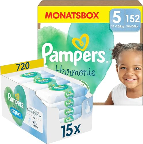 Pampers Windeln Größe 5 (11+kg, 152 Stück) Harmonie und Aqua Feuchttücher, 720 Tücher (15 x 48), Baby Erstausstattung