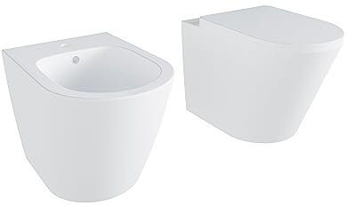 Sanitari in ceramica filomuro bianco opaco vaso rimless bidet sedile soft-close chiusura rallentata mod. Vienna