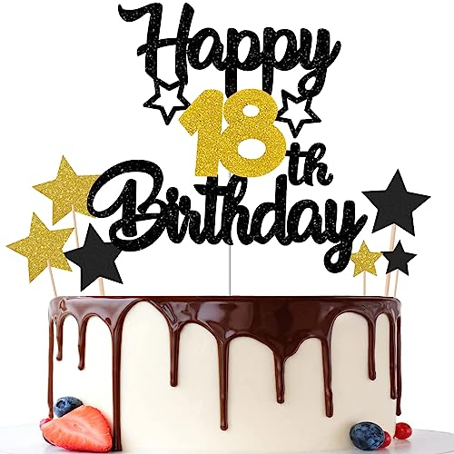 Gidobo 18th Birthday Cake Toppers, Black Gold Glittery Cake Decorations with Stars, Eighteen Years Old Birthday Party Supplies for Boys and Girls
