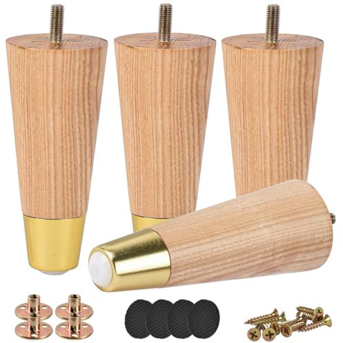 Btowin VCF Lot de 4 pieds de meubles modernes en bois de frêne de 10 cm avec housse - Pieds de rechange avec boulons de suspension filetés M8, plaque de montage et vis pour canapé, fauteuil, armoire