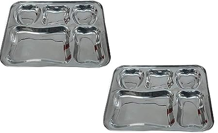 King International Camping Plates Stainless Steel,2 Metal Dinner Plate, Divided Indian Section Plate, Four Section Round Plates,12'',Portion Control Plate,Kids Plate,Indian Thali Plate (5 in 1 Plate)