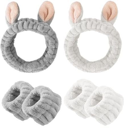 Lot de 2 bandeaux avec oreilles de lapin et 4 bandeaux de poignet pour femme - Bandeaux élastiques - Pour se laver le visage, se maquiller, se baigner - Blanc et gris