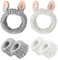 Lot de 2 bandeaux avec oreilles de lapin et 4 bandeaux de poignet pour femme - Bandeaux élastiques - Pour se laver le visage, se maquiller, se baigner - Blanc et gris