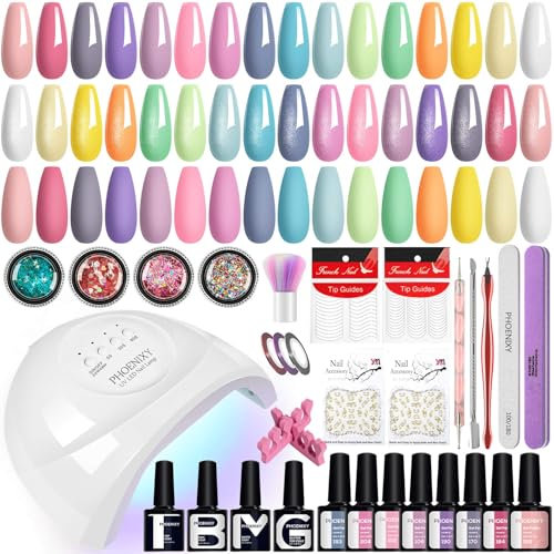 Phoenixy Gel Nail Kit, 16 Colours Gel Nail Polish Set with 48W Lamp Starter Kit, 48 Effect Nails Polishes Manicure Gift Set for Women