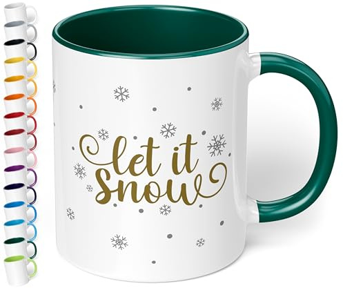 Schöne Weihnachts-Tasse „Let it snow“ – 330ml - Keramik Kaffeebecher mit Spruch - Geschenk zu Weihnachten für Kollegen, Freunde, Familie (Dunkelgrün)