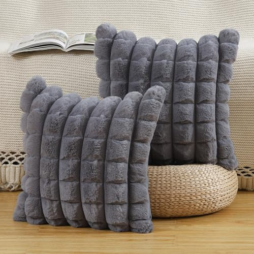 Madizz 2er Set Kunstpelz Plüsch Dekorative Kissenbezüge Gestreifte Weich Dekorative Kissenbezug für Sofa Schlafzimmer Kissen Shell Grau 50 x 50 cm