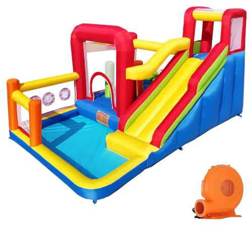 Hongcoral Bounce House, Inflatable Bounce Castle with Blower for Kids, Blow Up Jumping Bouncer with Slide, Climbing Wall, Obstacles, Trampoline, Ball Pit Pool for Indoor Outdoor