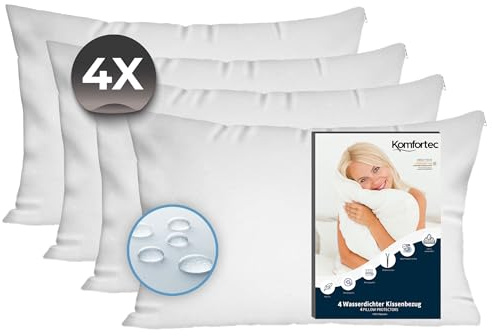 Komfortec Wasserdichter Kissenbezug 40x80 cm 4er Set mit Reißverschluss, Atmungsaktiv, Hypoallergen Kopfkissenbezüge 40x80, Anti-Milben, 4 Stück Kissenschoner 40x80, Weiß