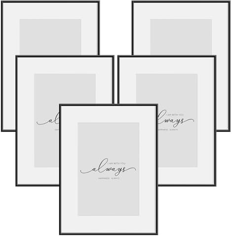 WOLTU 5er Set Bilderrahmen, A4 21x29,7cm, Fotorahmen Aluminium Schwarz Matt, Bilderrahmen Collage mit Passepartout Ständer, aus Metallrahmen und Kunststoff