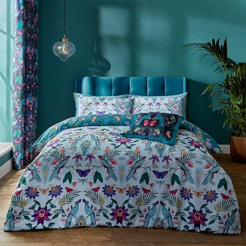 Catherine Lansfield MYA Wende-Bettwäsche-Set mit Kissenbezügen, tropisches Blumenmuster, Hellblau