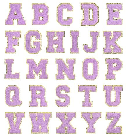 sourcing map 26pcs Glitters Chenille Letter Patches 5.5cm / 2.17 Chenille Iron-On Letter Patches Applique for Clothing Hats Jeans Shoes Bags (Purple, Letter A-Z)
