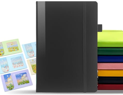 DynamiX Luxuriöses A5 Notizbuch, Veganleder-Hardcover,100 g/m² Papier, Stifthalter, Gummiband. Ideal für Kreativität und tägliche Notizen. Schwarz.