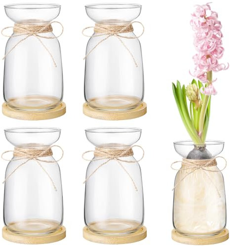 FoldTier 4 Sets Hyacinth Glass Vase with Bamboo Coaster Rope Hyacinth Avocado Growing Bud Vase Decorative Glass Flower Vases for Centerpieces Bulb Forcing Plant Containers Home Office Table Decoration