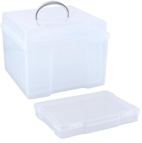 Foto Aufbewahrungsbox, Fotoboxen Aufbewahrung mit 6 Innenboxen, Foto Organizer mit Griffen, Karten Schachtel Plastik, Sortierboxen Saatgut Perlen, 20x14,5x3cm, Summe 21x21x16cm (Transparent)